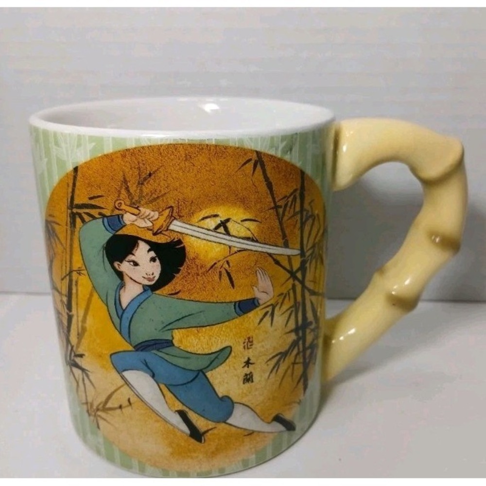 Disney Mulan Coffee Mug 20oz Ceramic Yellow Bamboo Style Handle Princess